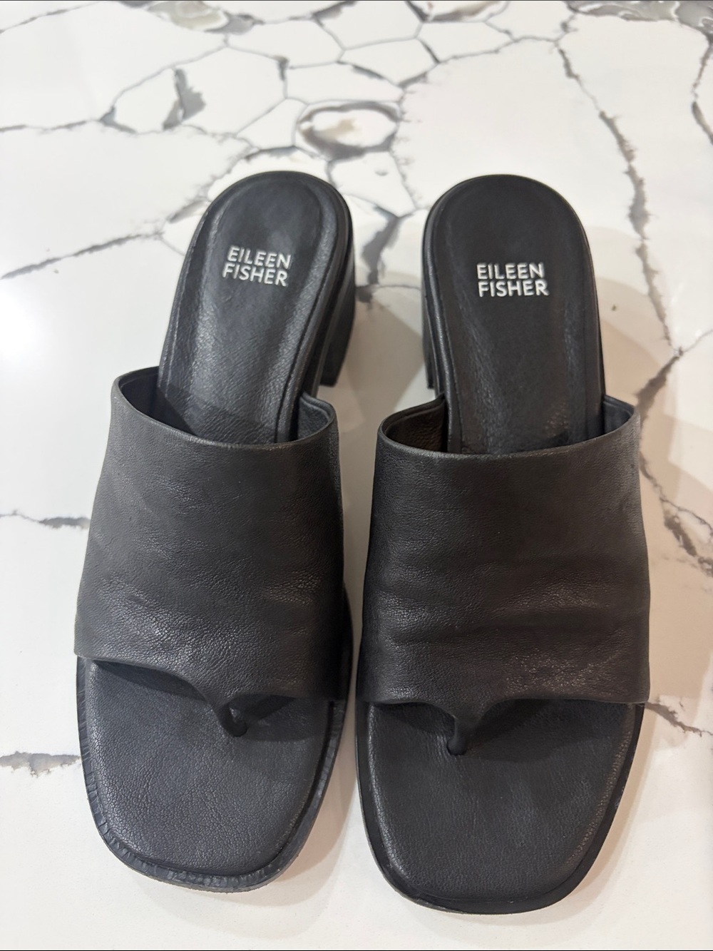 Eileen Fisher Black Leather Toe-Thong Slide Mules